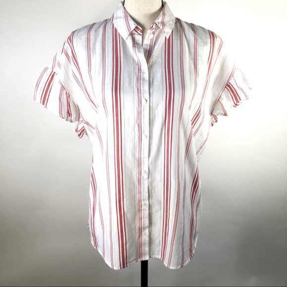 Madewell red and white stripe flutter sleeve button front medium top - Picture 1 of 6